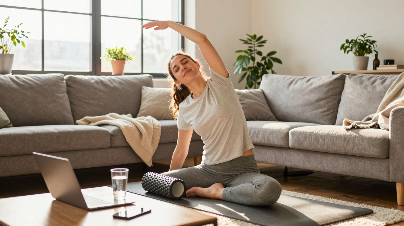Femeie face exerciții de întindere pe covorașul de yoga în sufrageria luminoasă de acasă.