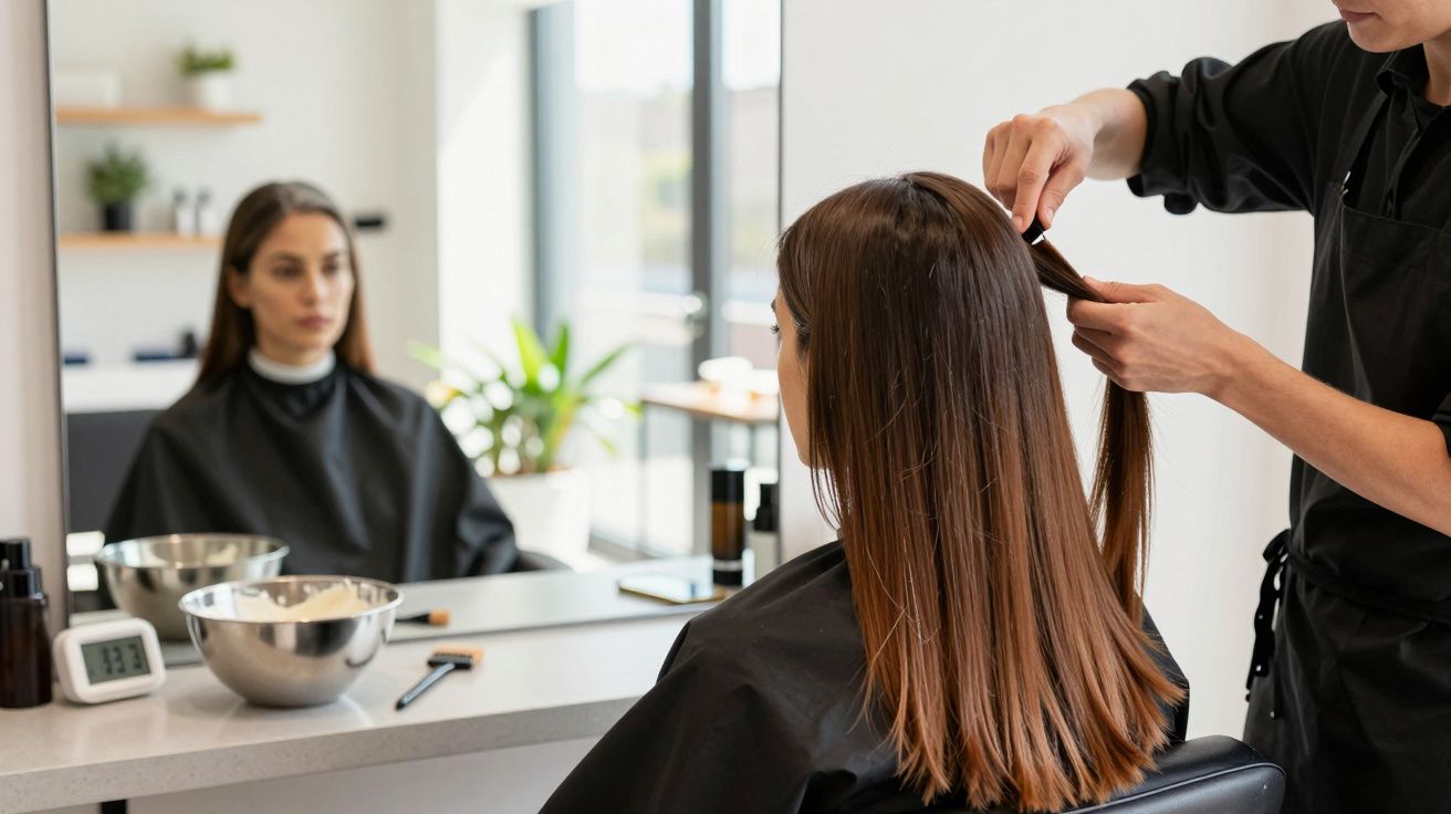 Frizer tunde părul unei femei într-un salon modern, cu oglindă și accesorii de coafură în fundal.