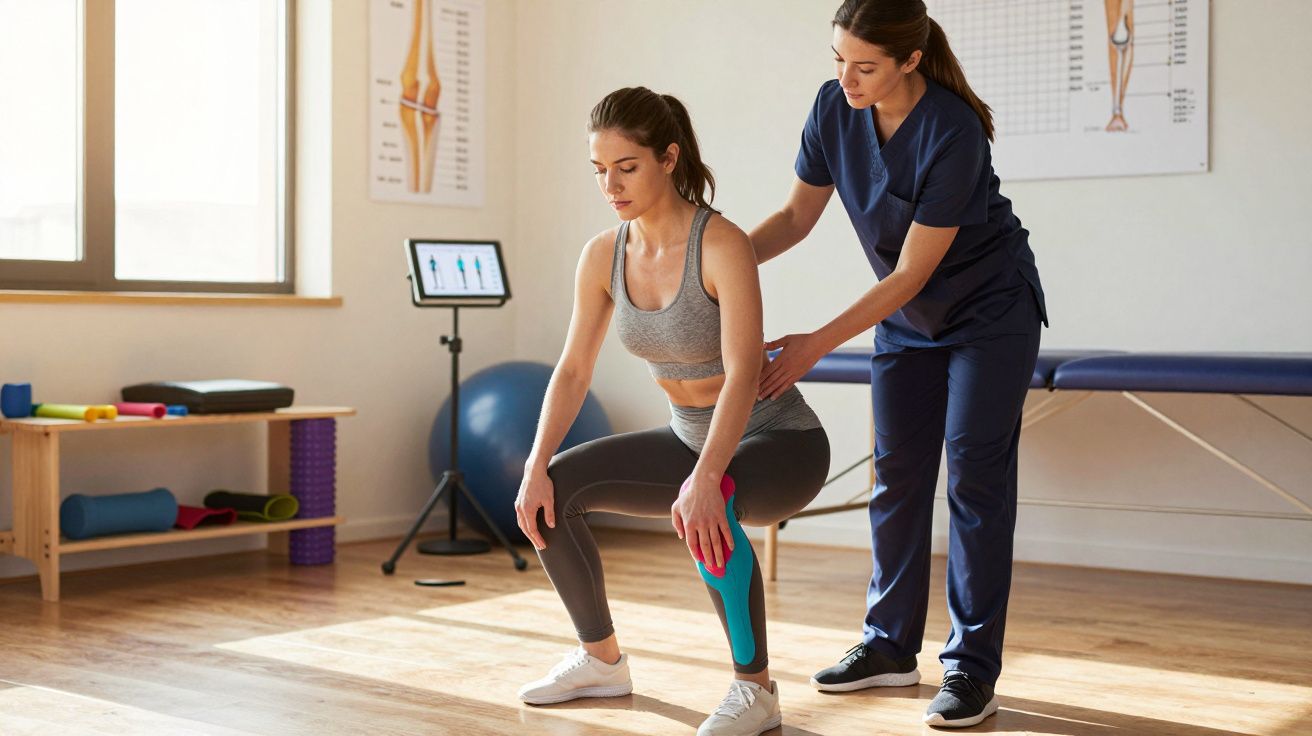 Fizioterapeut asistând o femeie într-un exercițiu de genuflexiune în cabinetul de recuperare medicală.