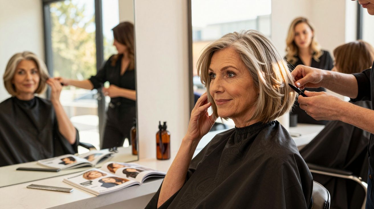 Femeie matură zâmbitoare se uită în oglindă în timp ce stilistul îi aranjează părul într-un salon modern.