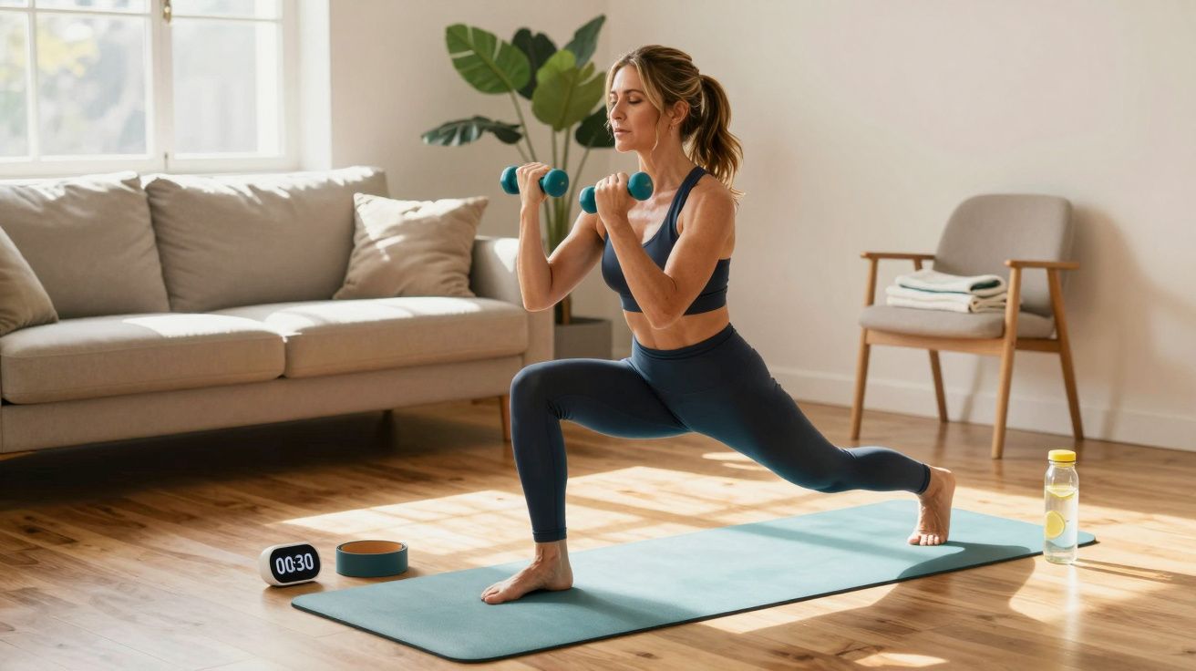 Femeie făcând exerciții cu gantere pe covoraș de yoga într-un living luminos, în poziție de fandare.