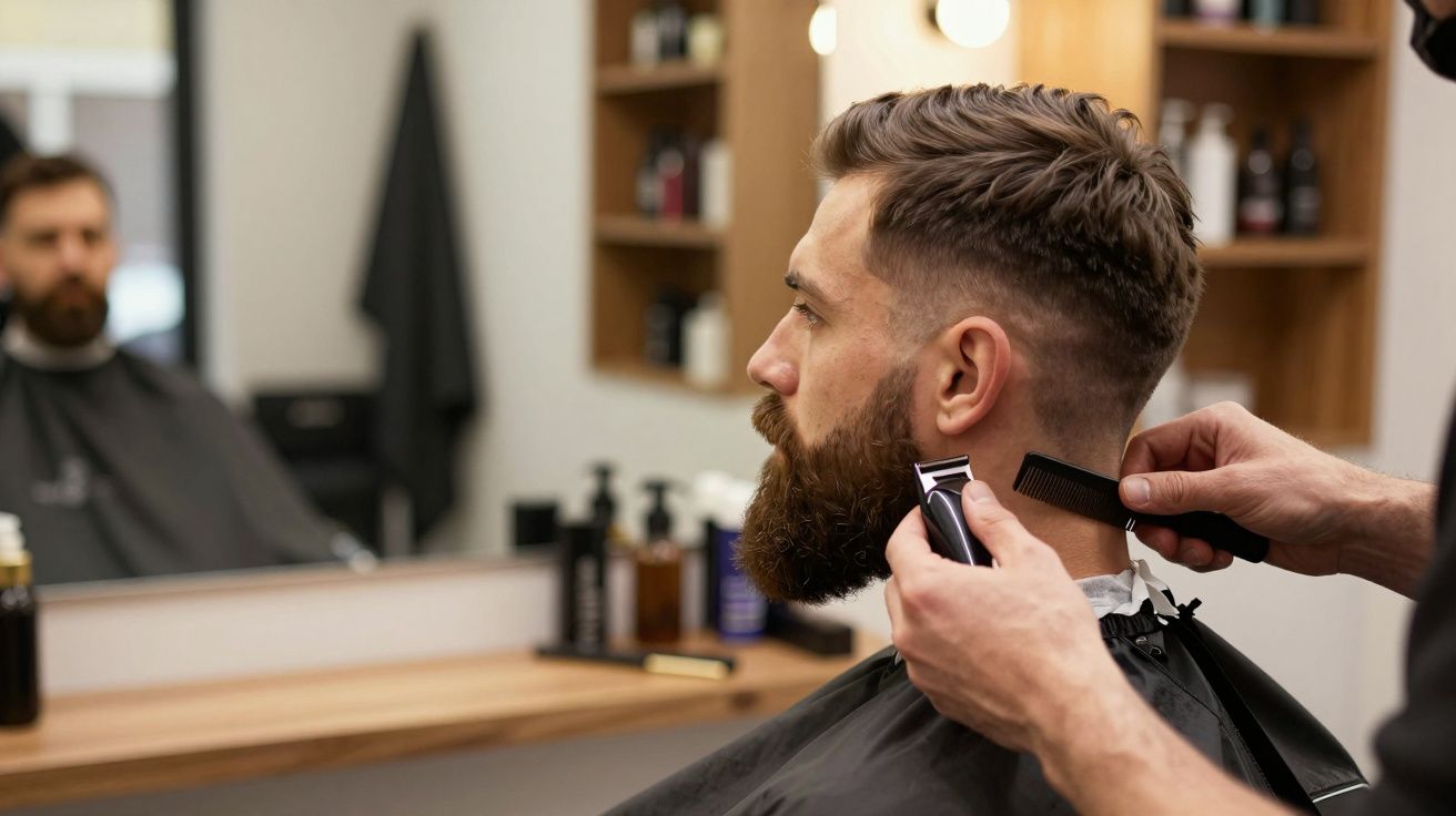 Bărbat tuns și aranjat la barbier, cu aparat de ras și pieptene, într-un salon modern de frizerie.
