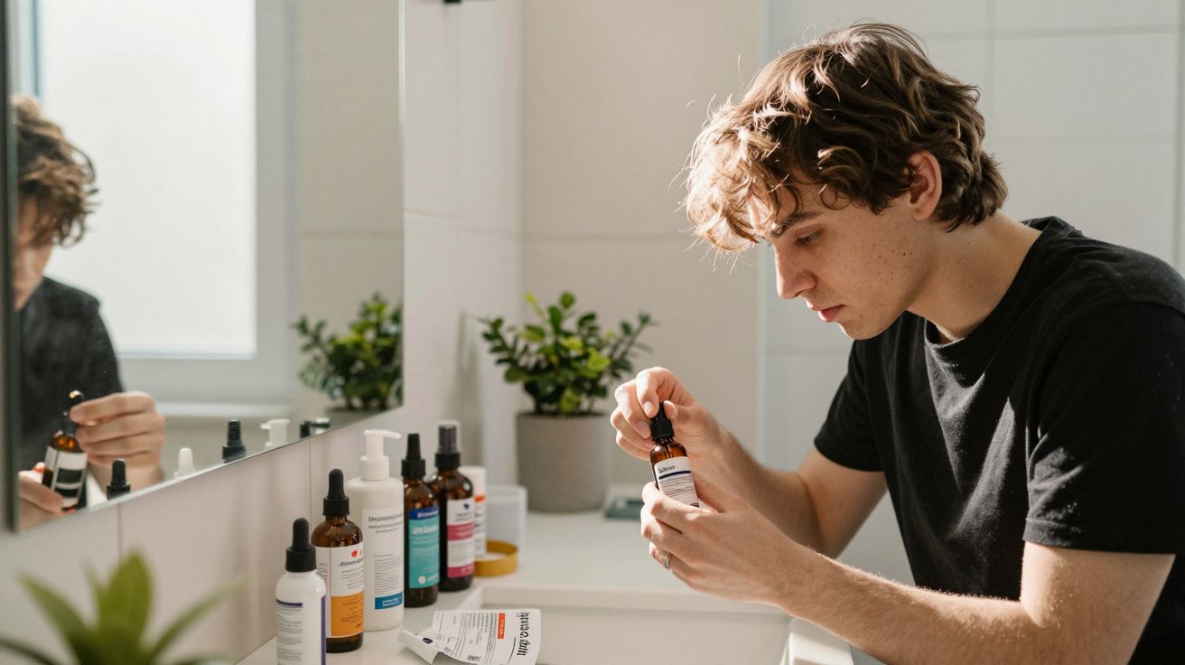Bărbat tânăr în baie verificând ingrediente pe un flacon de produse cosmetice pe chiuvetă.