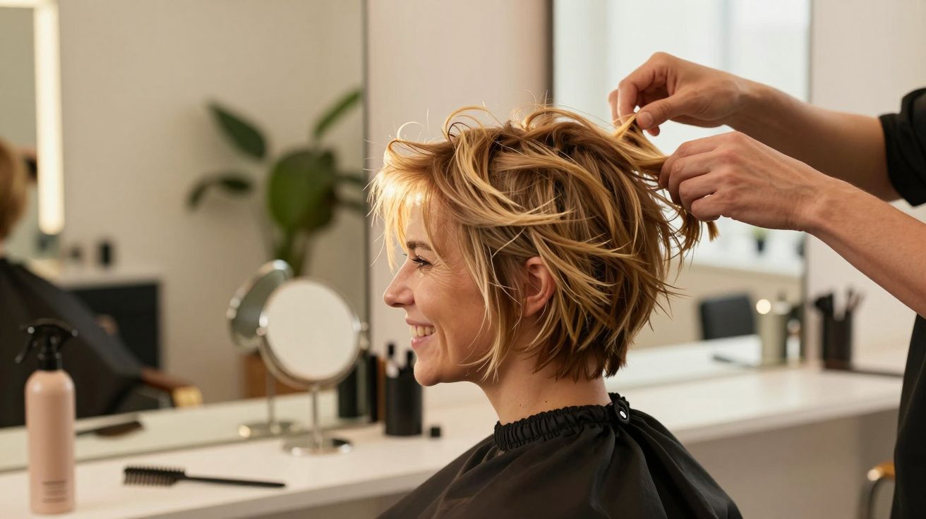 Femeie cu păr scurt blond care zâmbește în timp ce primește o coafură la salon.
