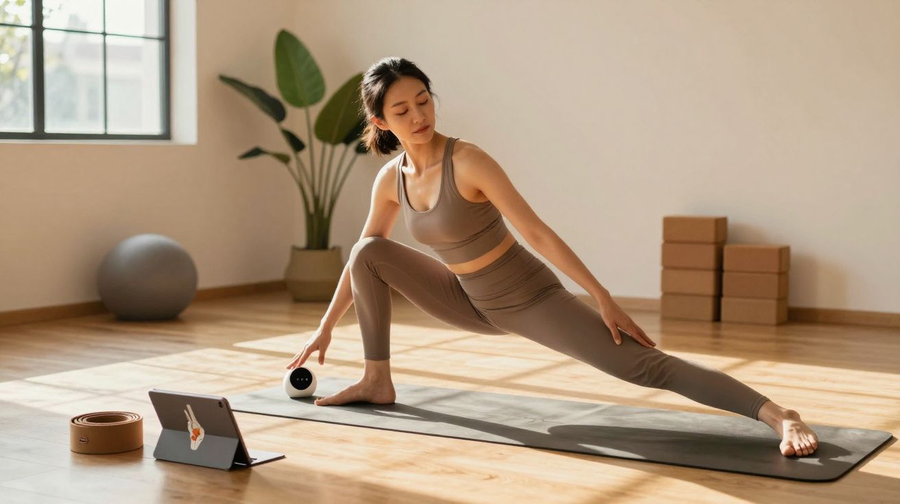 Femeie care face exerciții de yoga pe saltea, urmărind un tutorial pe tabletă într-o cameră luminoasă.
