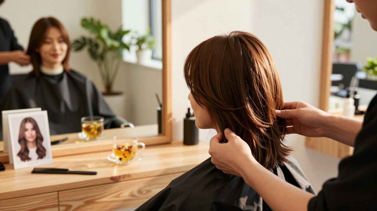 Femeie la salon de coafură, hairstylist atingând părul ei în fața oglinzii cu pahar și ceșcuță pe masă.