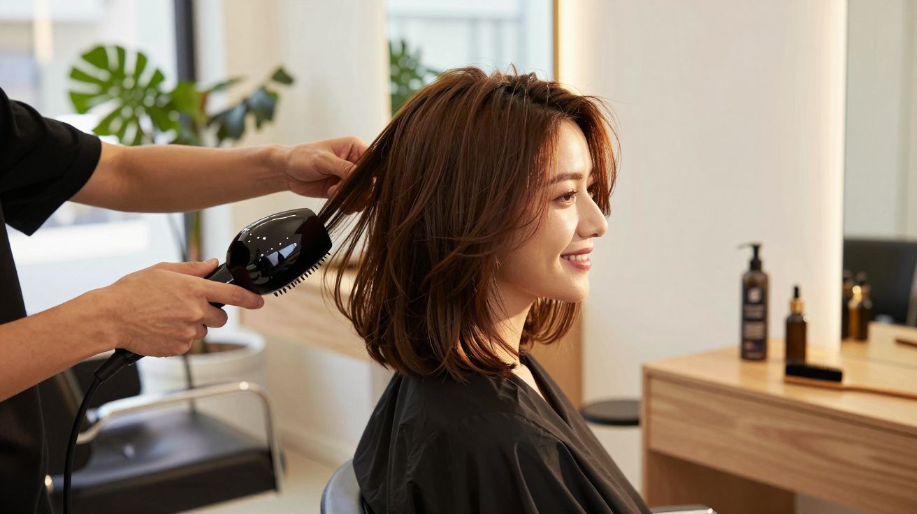 Femeie zâmbitoare la salon, coafându-se cu uscător de păr și perie, într-un spațiu luminos și modern.